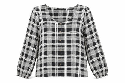 Next Womens Black Check Long Sleeve Relaxed Blouse Size 14