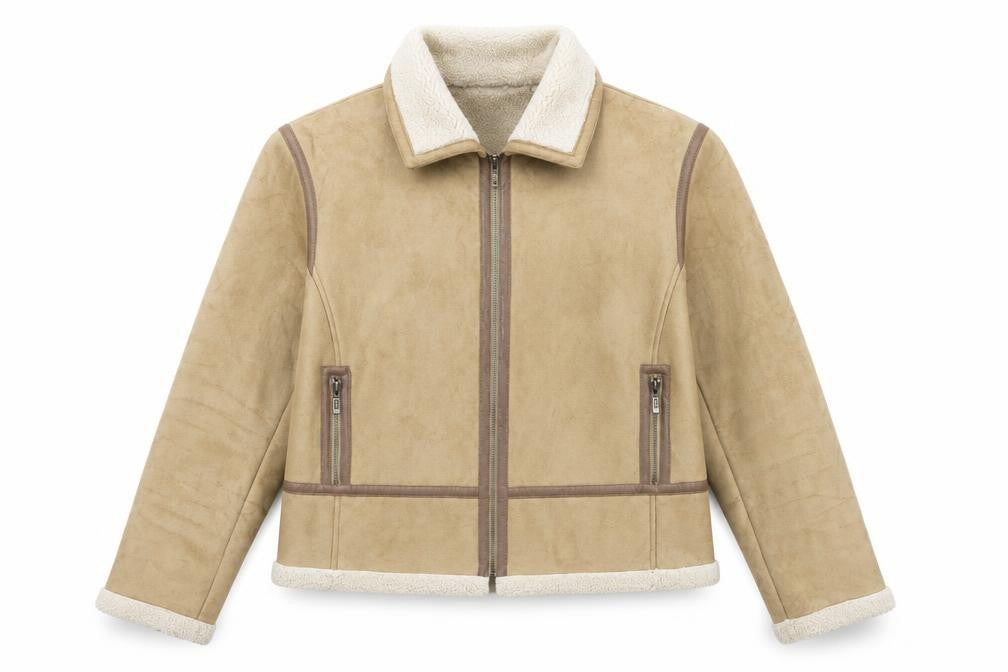 Front view of Gallery women’s beige faux shearling bomber jacket xl winter zip