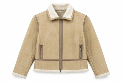 Front view of Gallery women’s beige faux shearling bomber jacket xl winter zip