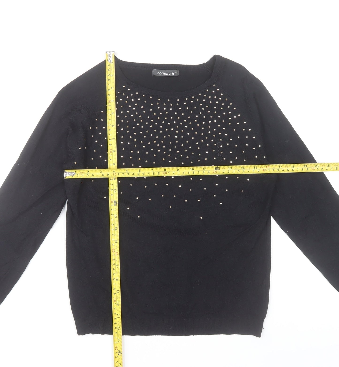 Bonmarché Women’s Black Beaded Crew Neck Long Sleeve Pullover Jumper XS