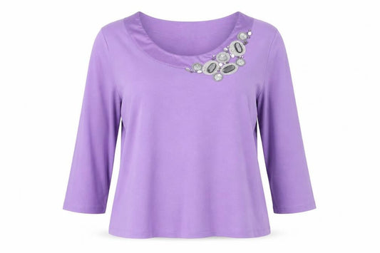 CC Women’s Purple Beaded 3/4 Sleeve Cotton Blouse XL
