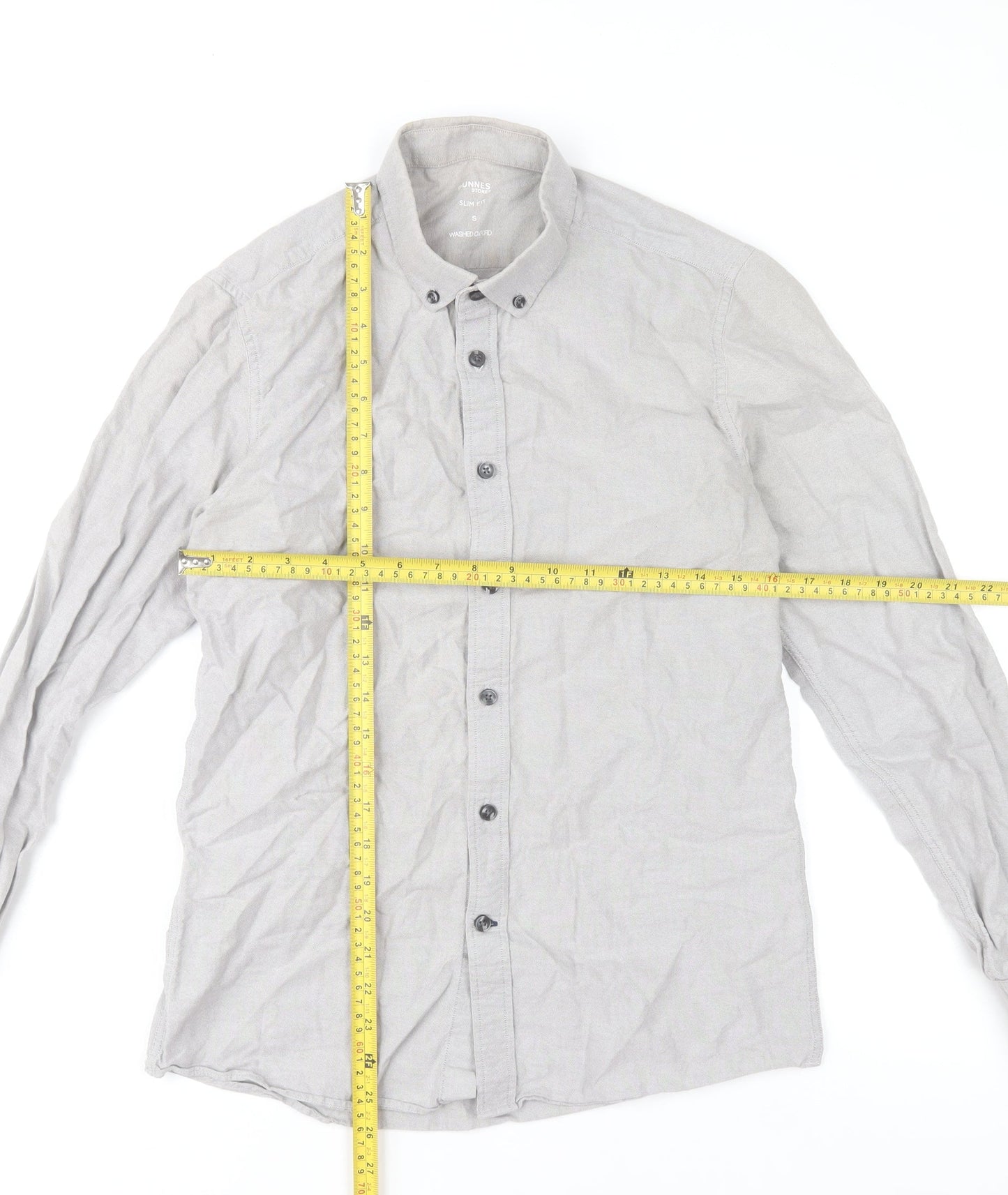 Dunnes Stores Men's Grey Slim Fit Cotton Long Sleeve Button-Up Shirt Size S