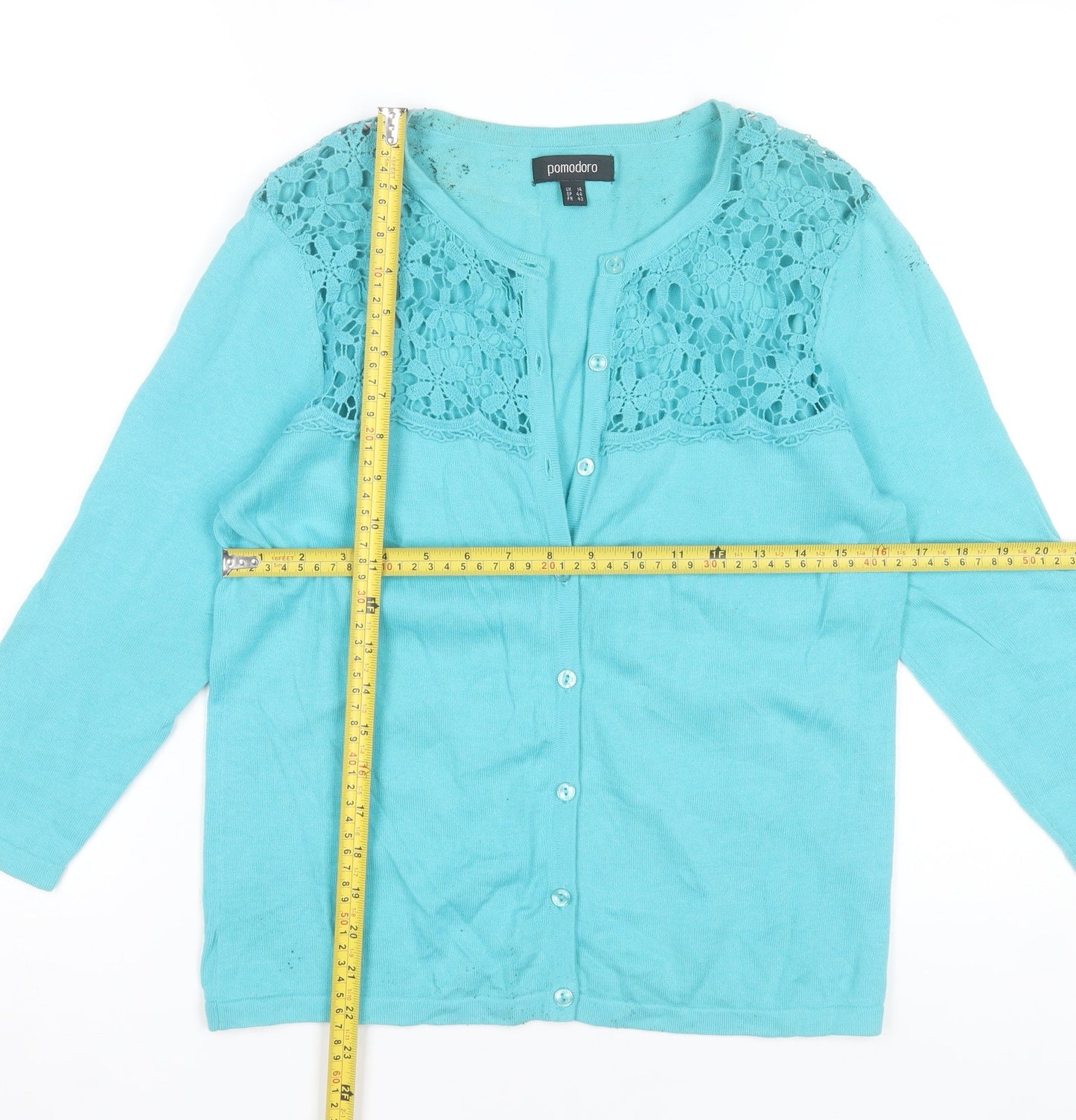 Pomodoro Womens Blue Crochet Detail Cardigan UK 14 3/4 Sleeve