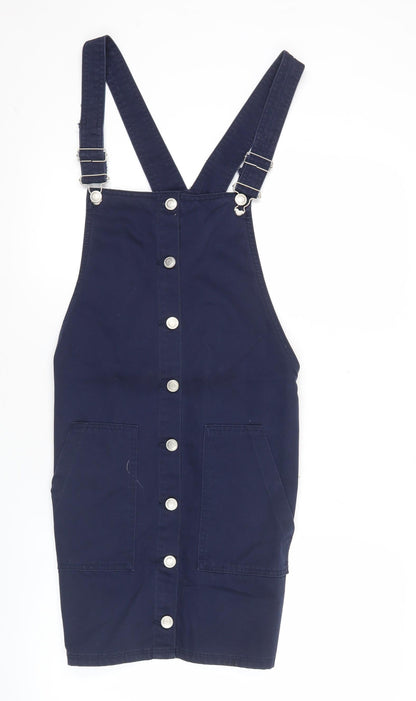 Bershka Women Blue Cotton Pinafore Dress Size 12 Casual Button Front