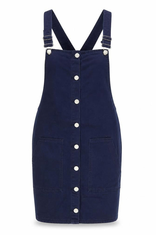 Bershka Women Blue Cotton Pinafore Dress Size 12 Casual Button Front
