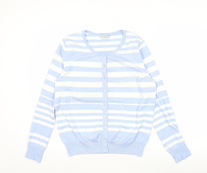 FULLCIRCLE Women Blue Striped Cardigan L Lightweight Knit
