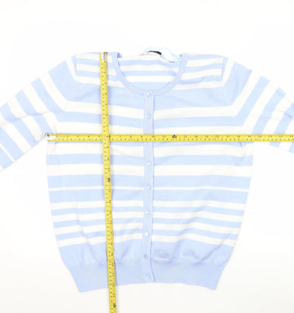 FULLCIRCLE Women Blue Striped Cardigan L Lightweight Knit