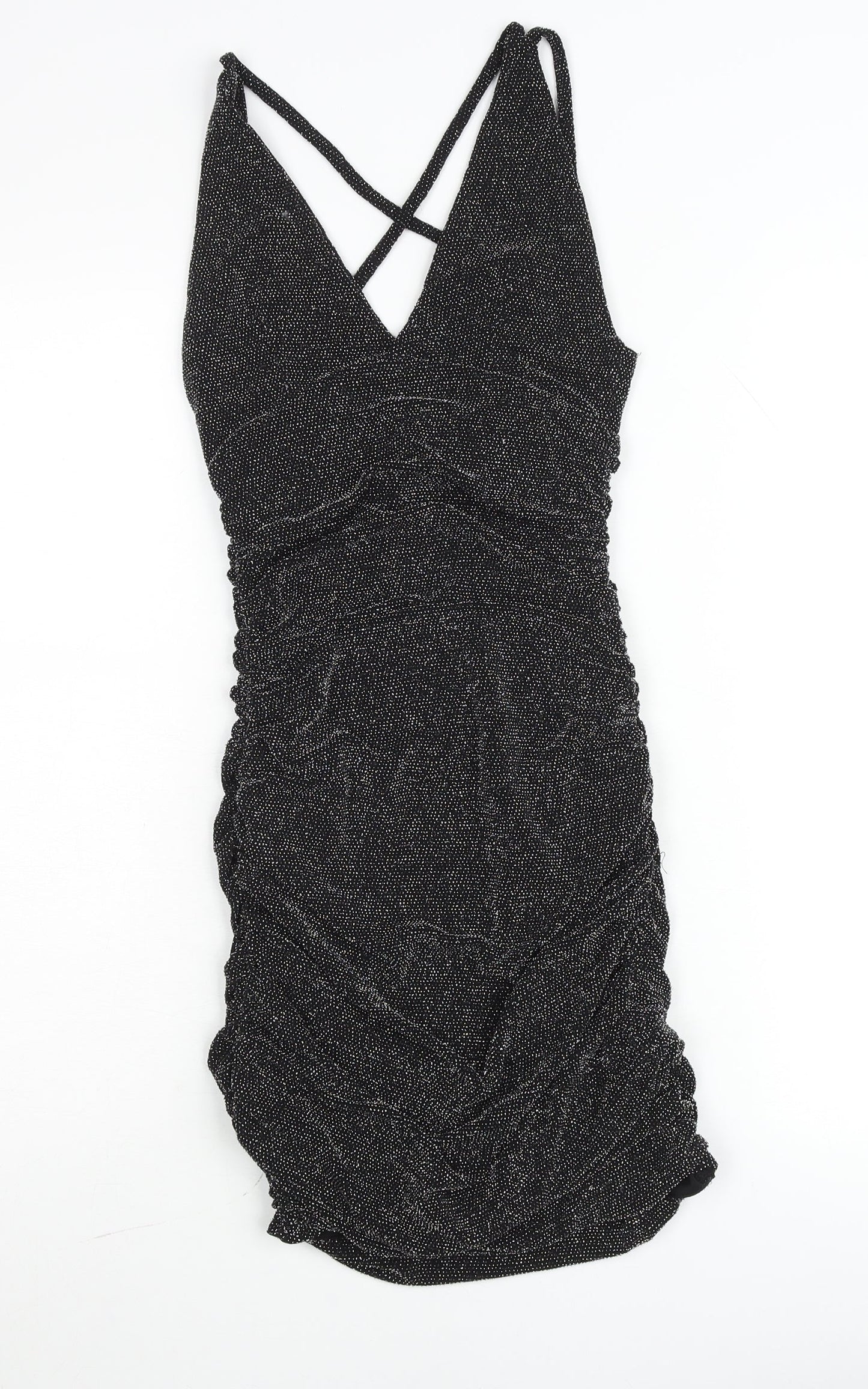 Edge Street Womens Black Glitter Bodycon Ruched Party Dress Size M