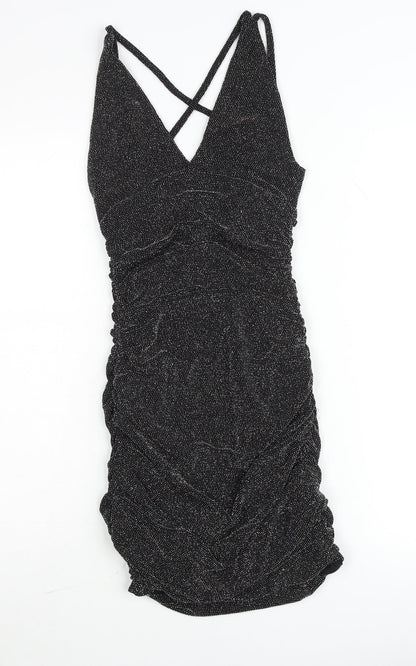 Edge Street Womens Black Glitter Bodycon Ruched Party Dress Size M
