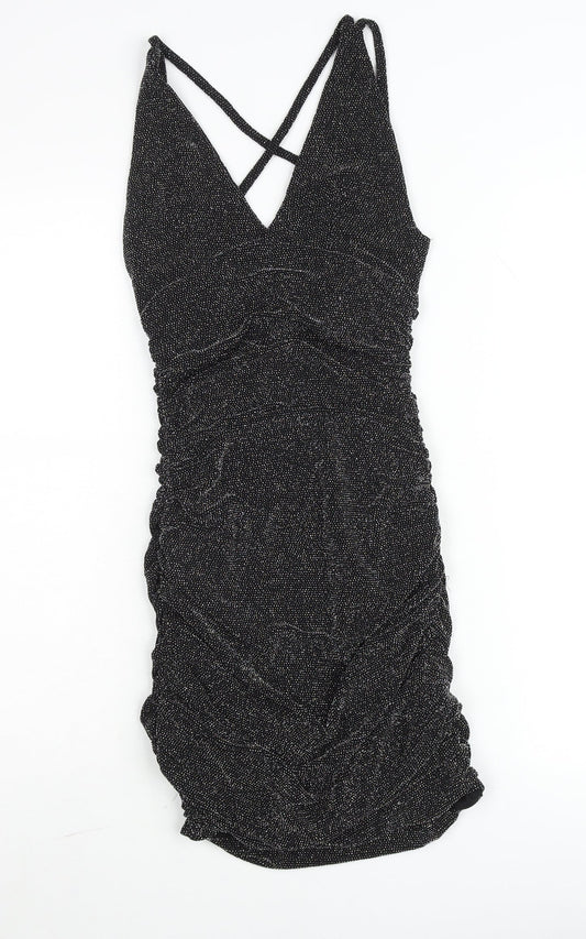 Edge Street Womens Black Glitter Bodycon Ruched Party Dress Size M