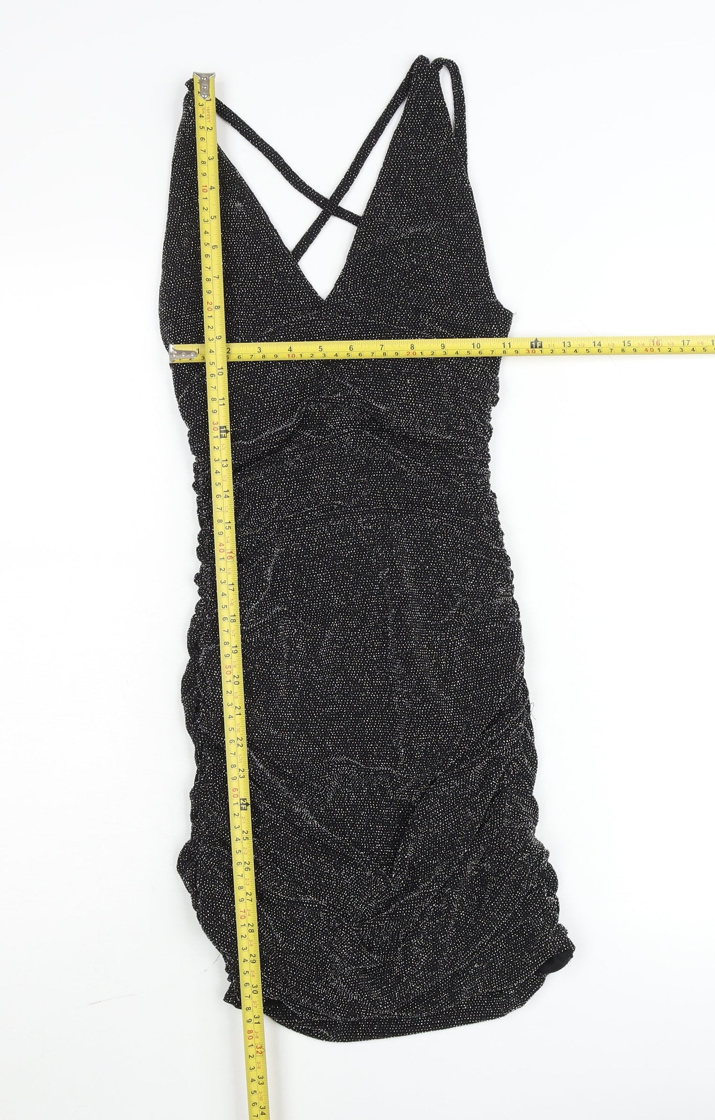 Edge Street Womens Black Glitter Bodycon Ruched Party Dress Size M