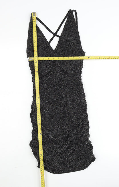 Edge Street Womens Black Glitter Bodycon Ruched Party Dress Size M