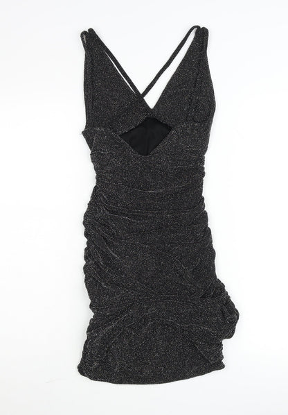 Edge Street Womens Black Glitter Bodycon Ruched Party Dress Size M