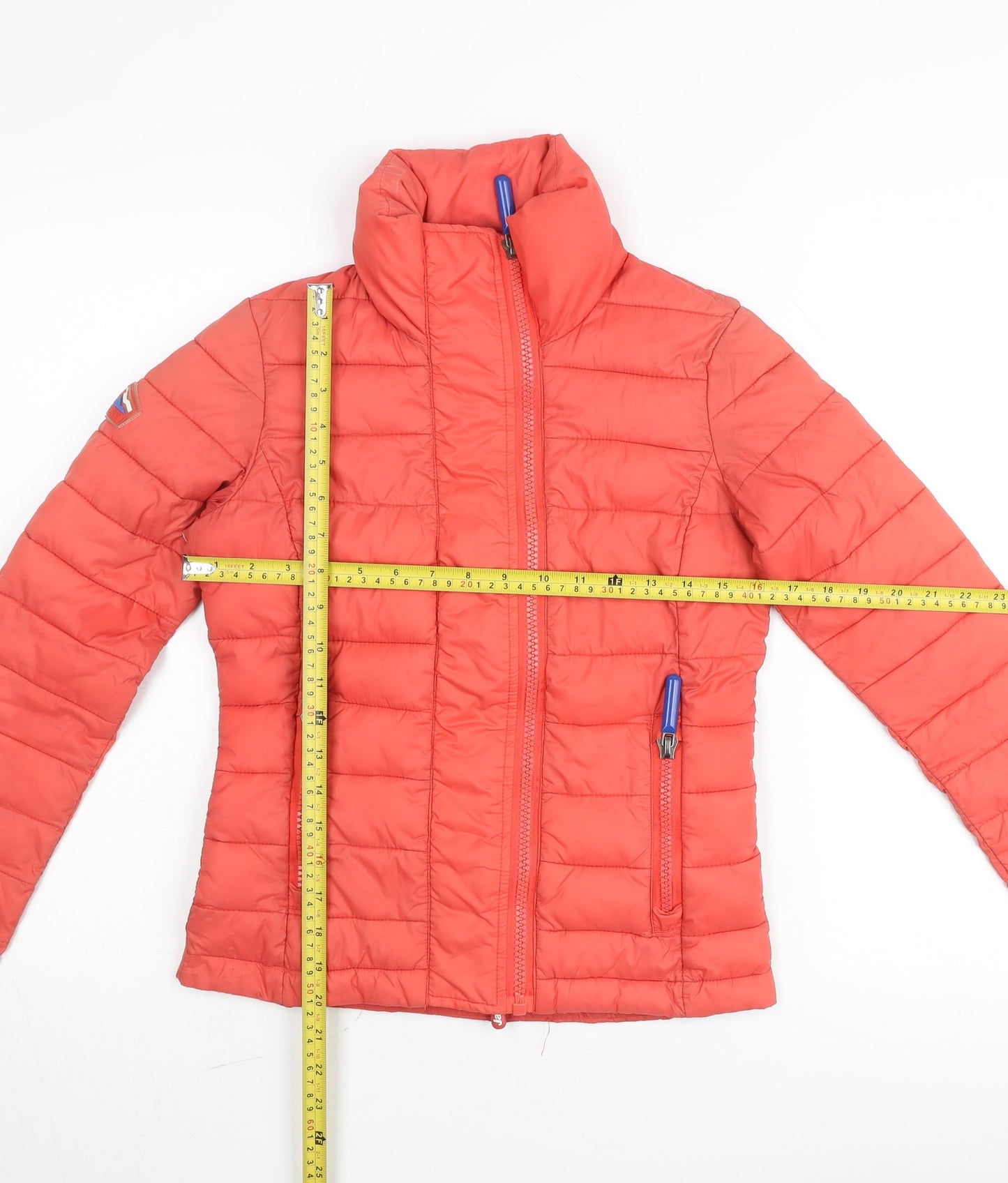 Superdry Girls Red Fuji Double Zip Puffer Jacket 2XS Slim Fit Lightweight