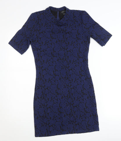 Topshop Women Blue Floral Jacquard Bodycon Mini Dress Size 10