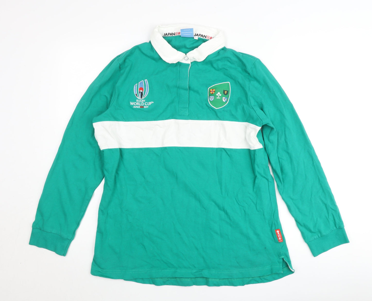 Rugby World Cup 2019 Men's Green L Collared Long Sleeve Cotton Pullover Jumper