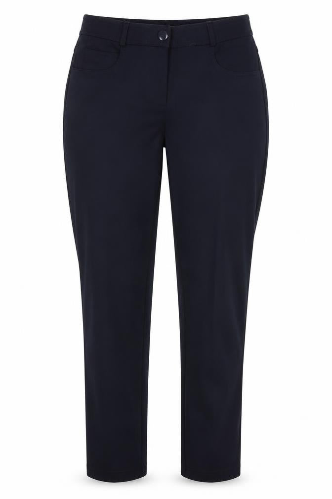 Front view of Dunnes women’s navy, size UK 12, straight leg stretch work trousers