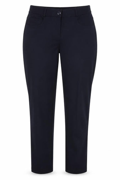 Front view of Dunnes women’s navy, size UK 12, straight leg stretch work trousers