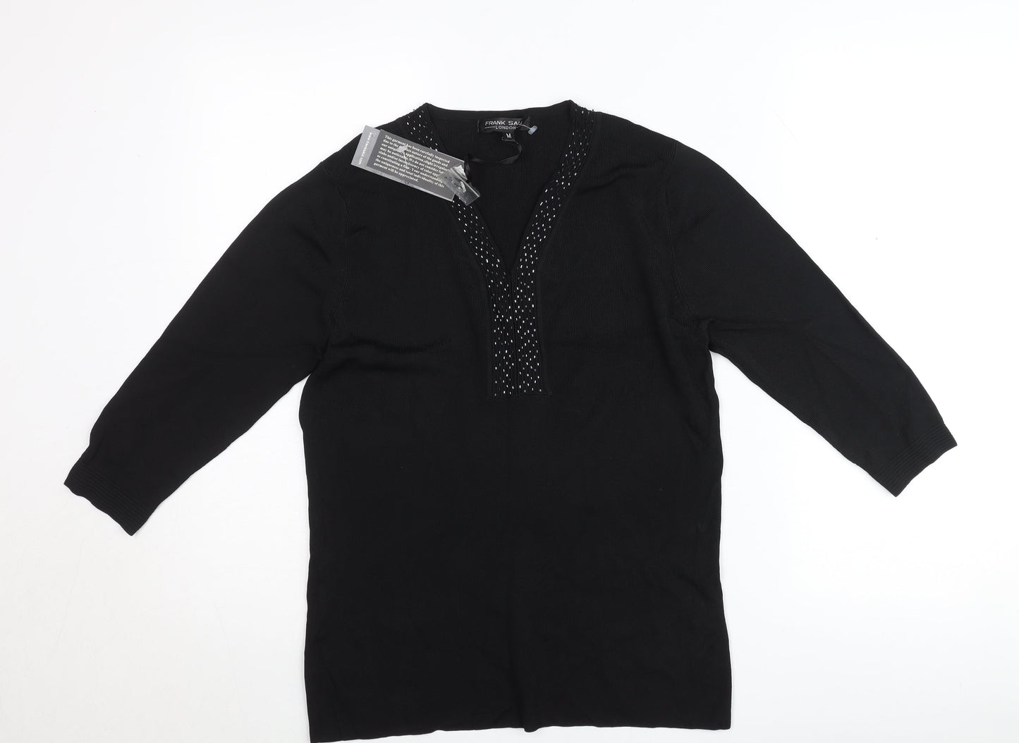 Frank Saul Women’s Black Beaded Tunic Top Medium 3/4 Sleeve