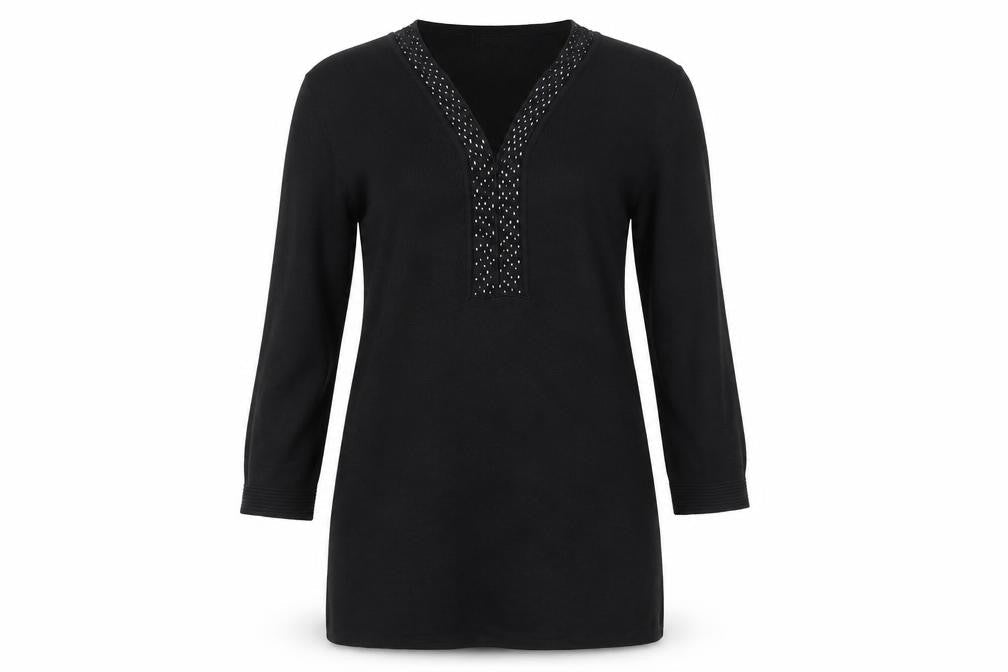 Front view of Frank Saul’s Black Beaded Tunic Top Medium 3/4 Sleeve