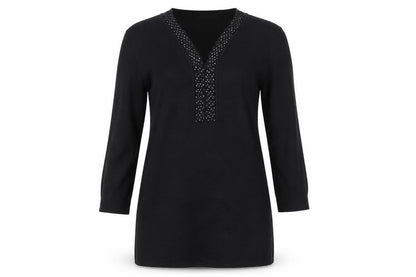 Front view of Frank Saul’s Black Beaded Tunic Top Medium 3/4 Sleeve