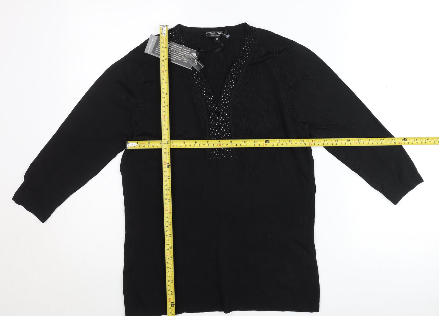 Frank Saul Women’s Black Beaded Tunic Top Medium 3/4 Sleeve