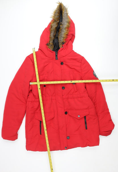Boohoo Women’s Red Faux Fur Hooded Parka Coat Size 10