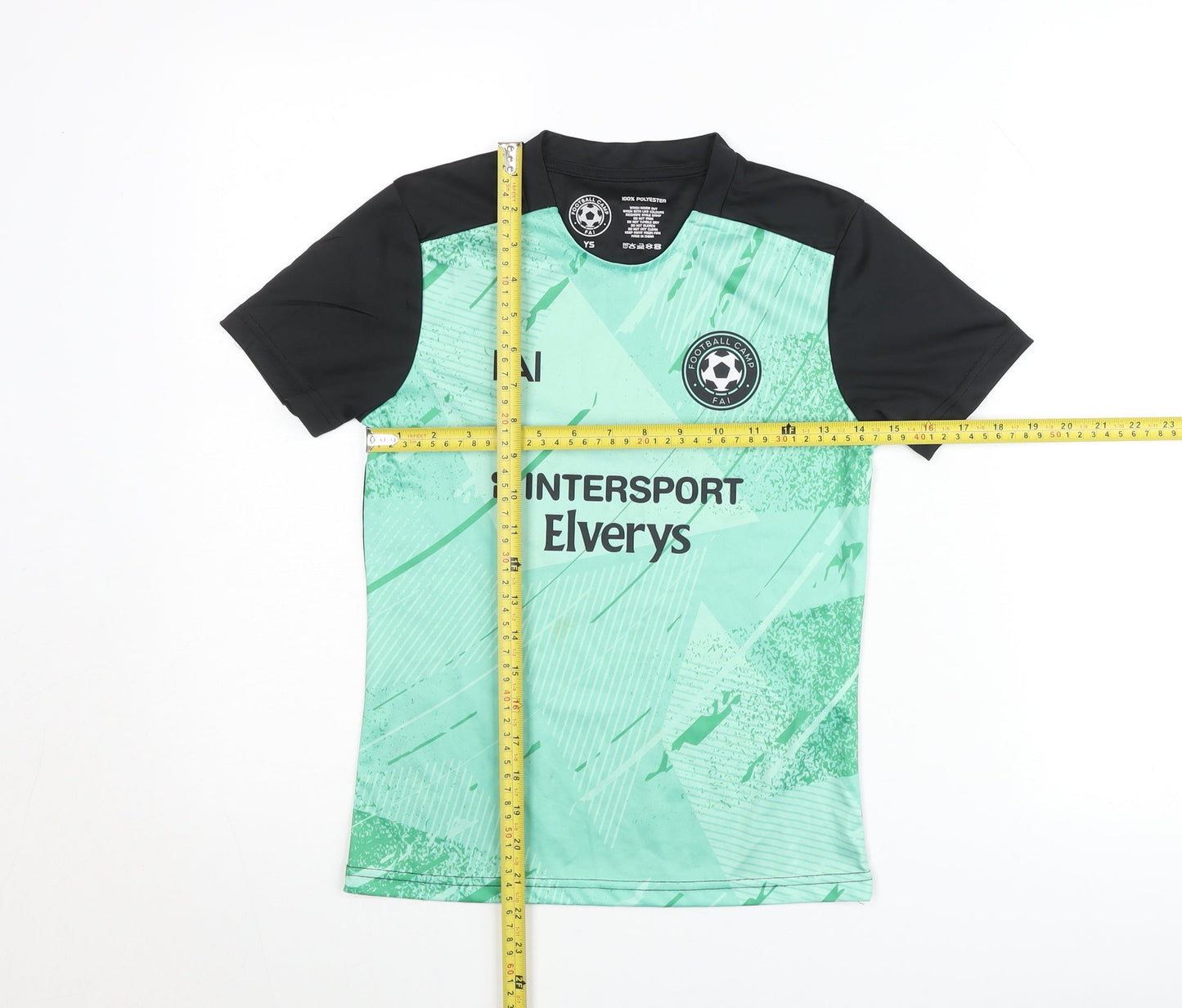 Football Camp FAI Boys Green Black Short Sleeve T-Shirt Size YS Polyester Sportswear