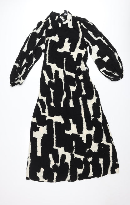 New Look Women’s Black & White Geometric Midi Dress Size 8 Long Sleeve High Neck