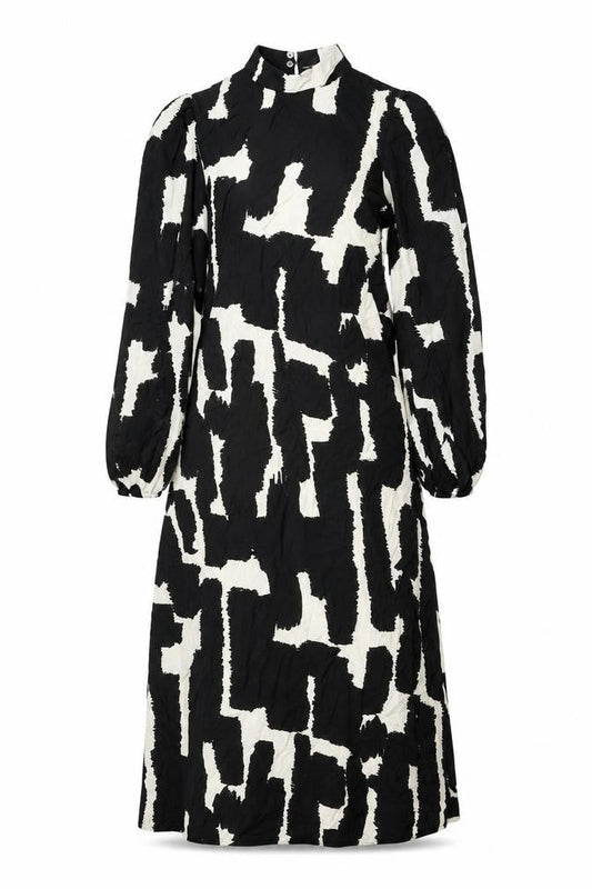 New Look Women’s Black & White Geometric Midi Dress Size 8 Long Sleeve High Neck