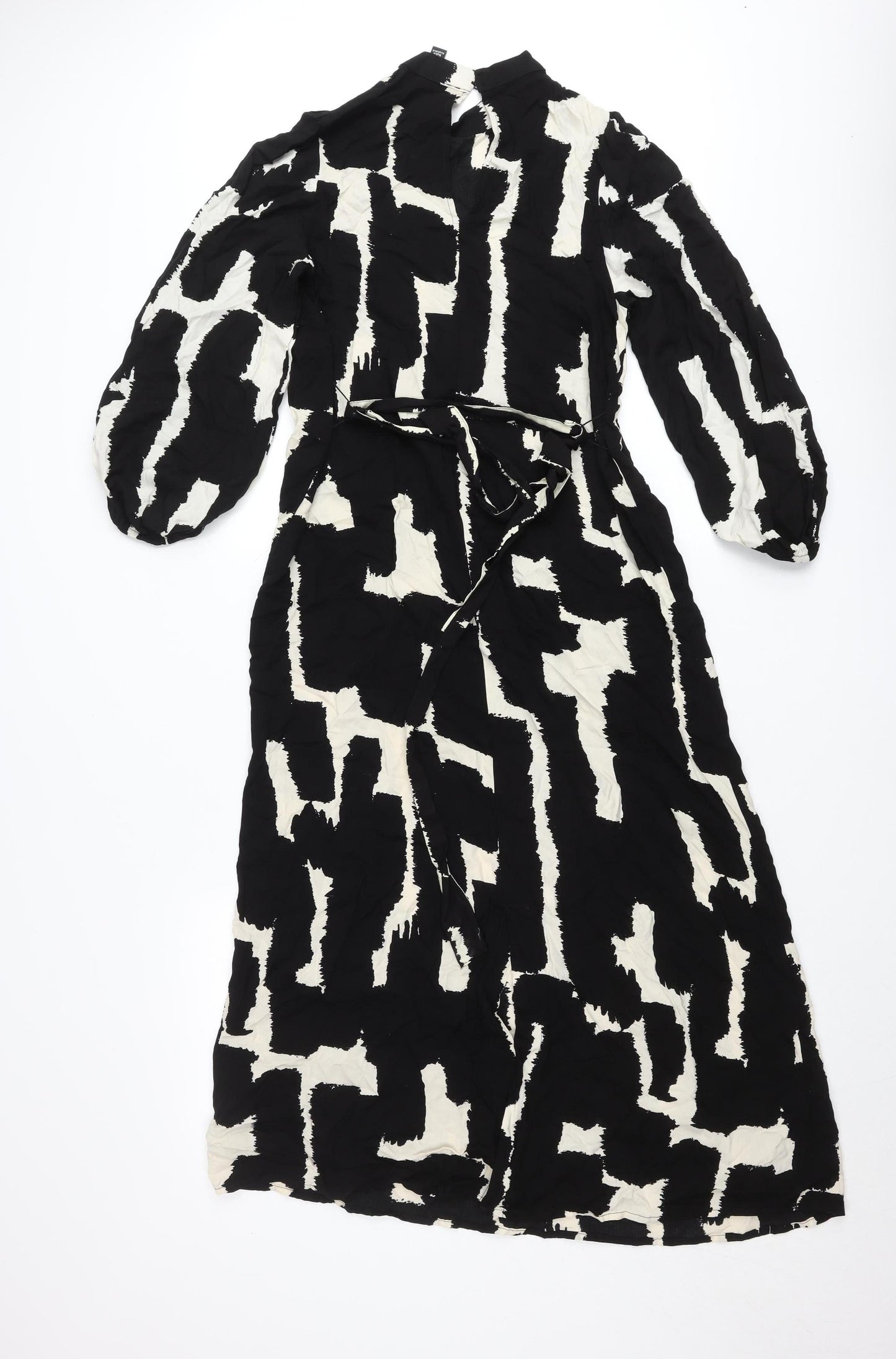 New Look Women’s Black & White Geometric Midi Dress Size 8 Long Sleeve High Neck
