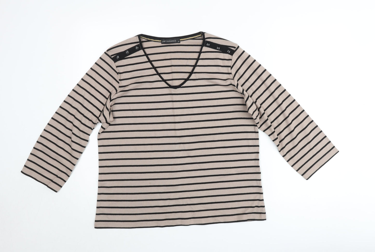 Just Elegance Women’s Beige Black Striped V-Neck 3/4 Sleeve Jumper Size 18