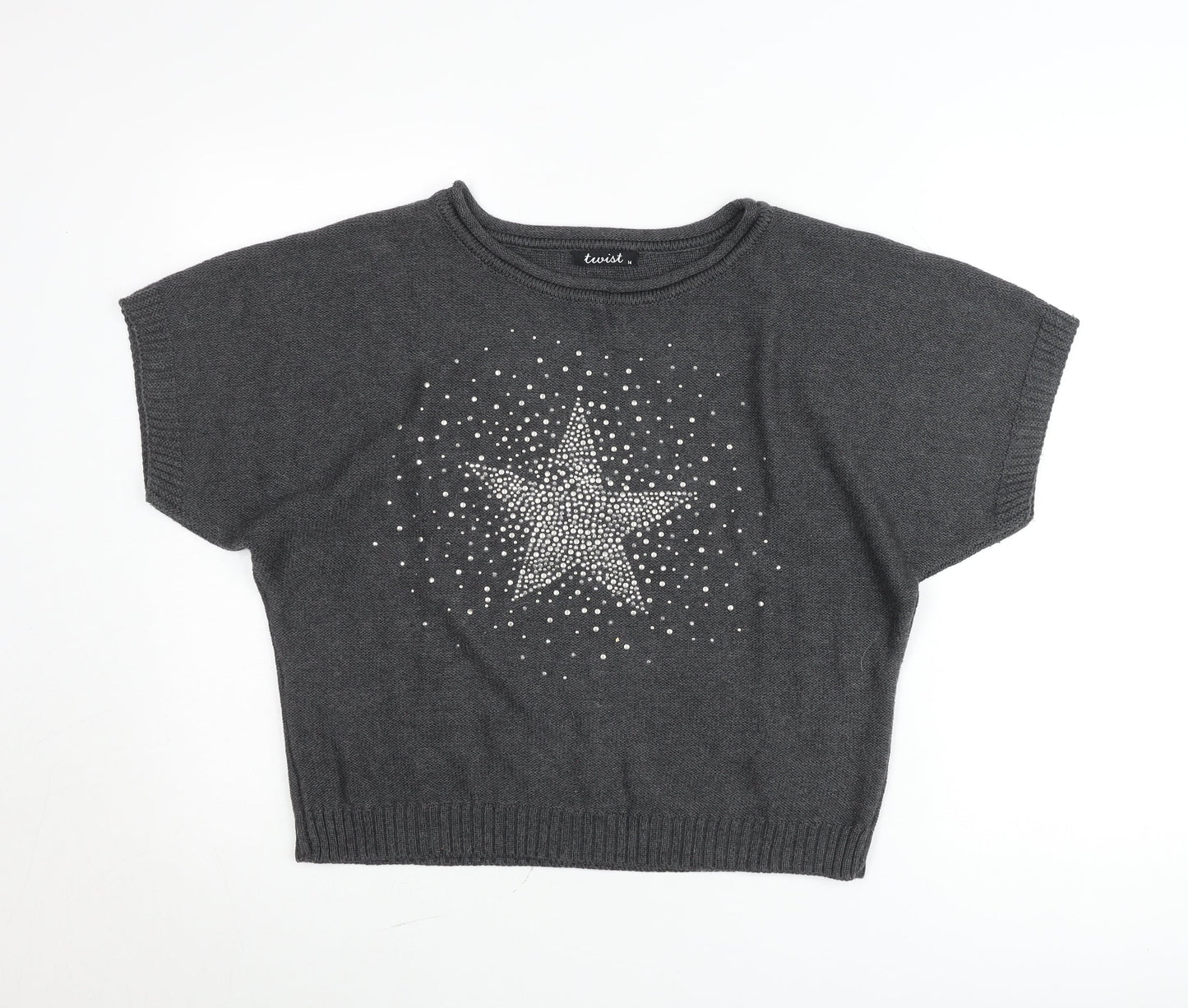 Twist Womens Grey Rhinestone Star Short Sleeve Pullover Jumper Size 14