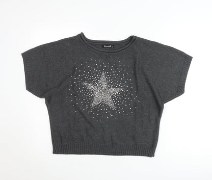Twist Womens Grey Rhinestone Star Short Sleeve Pullover Jumper Size 14