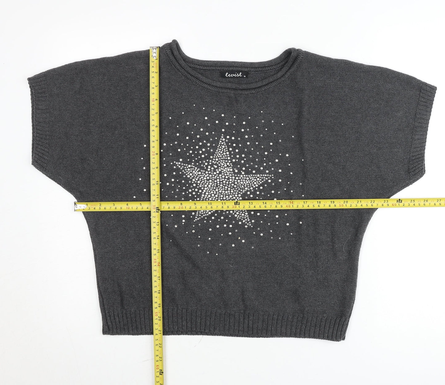Twist Womens Grey Rhinestone Star Short Sleeve Pullover Jumper Size 14
