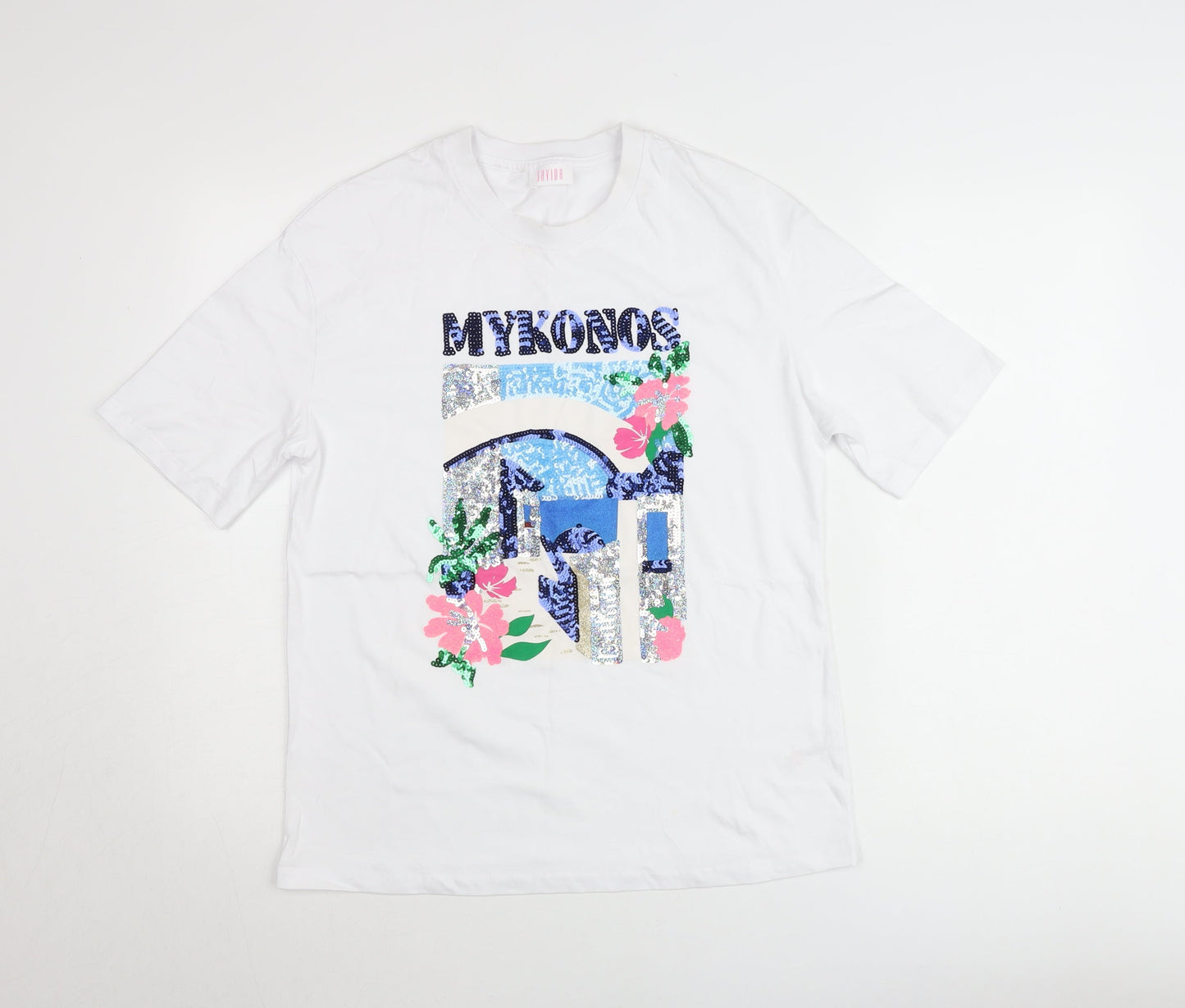 Savida Women White Sequin Mykonos Print T-Shirt XS