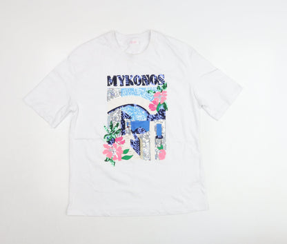 Savida Women White Sequin Mykonos Print T-Shirt XS