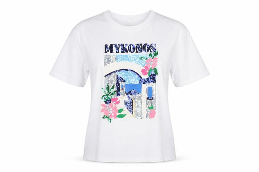Savida Women White Sequin Mykonos Print T-Shirt XS