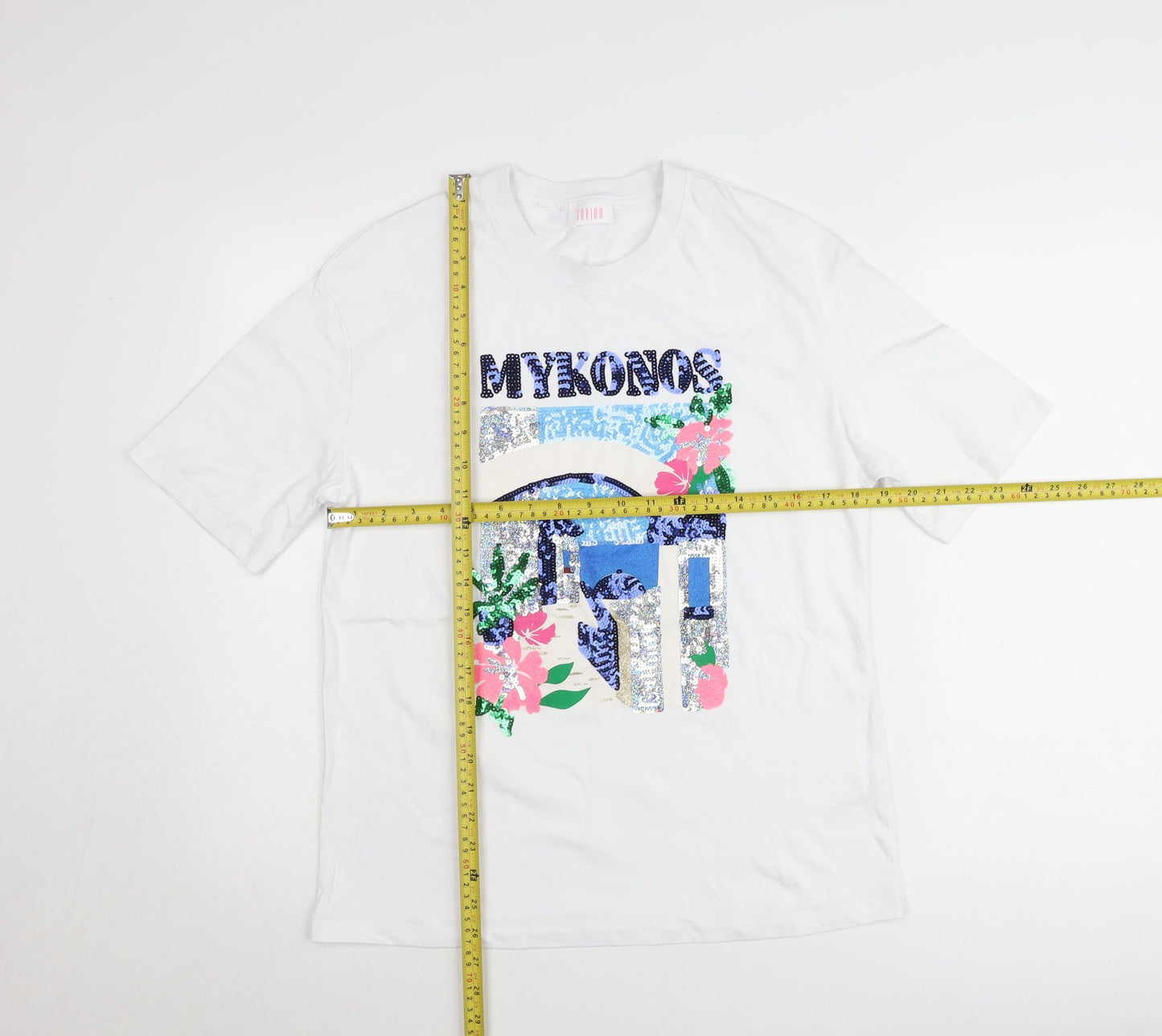 Savida Women White Sequin Mykonos Print T-Shirt XS