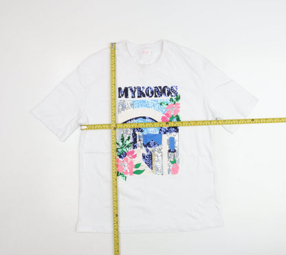 Savida Women White Sequin Mykonos Print T-Shirt XS