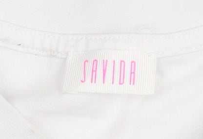 Savida Women White Sequin Mykonos Print T-Shirt XS