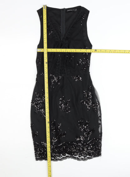 Boohoo Petite Black Sequin Bodycon Party Dress Womens UK 6