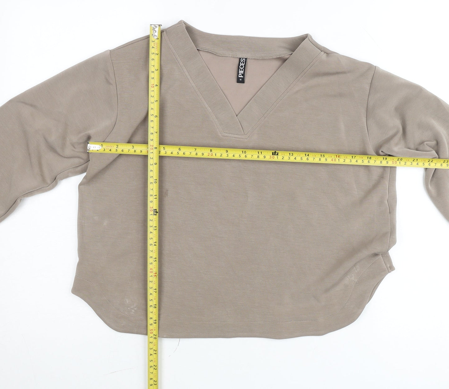 Pieces Women Beige V-Neck Long Sleeve Pullover Jumper M