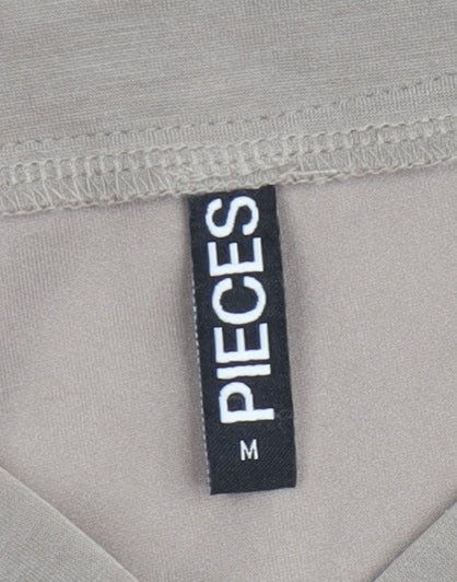 Pieces Women Beige V-Neck Long Sleeve Pullover Jumper M