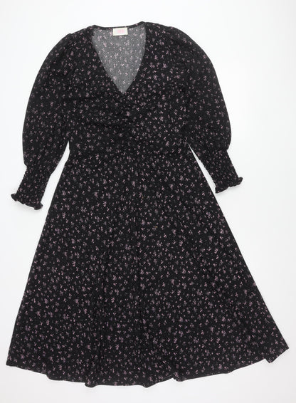 Savida Women's Black Floral A-Line Dress Size 12 Long Sleeve V-Neck
