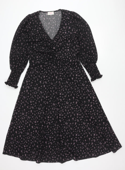 Savida Women's Black Floral A-Line Dress Size 12 Long Sleeve V-Neck