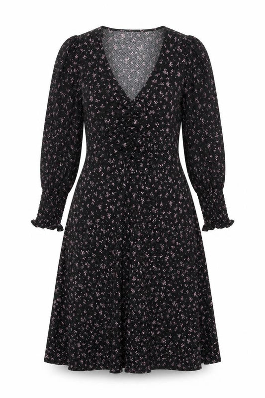 Savida Women's Black Floral A-Line Dress Size 12 Long Sleeve V-Neck