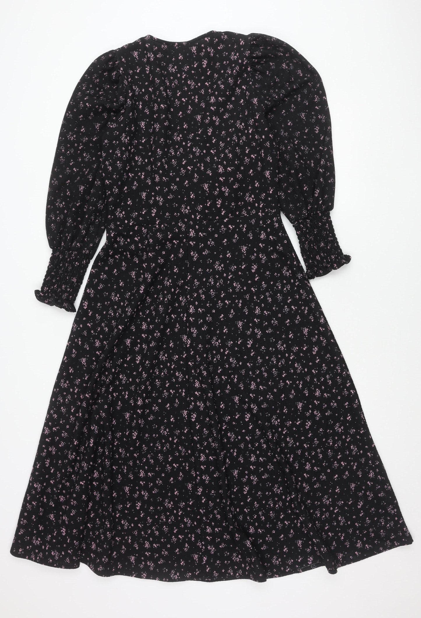 Savida Women's Black Floral A-Line Dress Size 12 Long Sleeve V-Neck