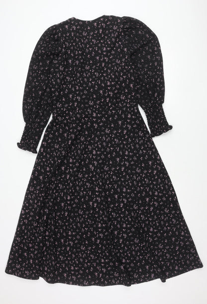 Savida Women's Black Floral A-Line Dress Size 12 Long Sleeve V-Neck
