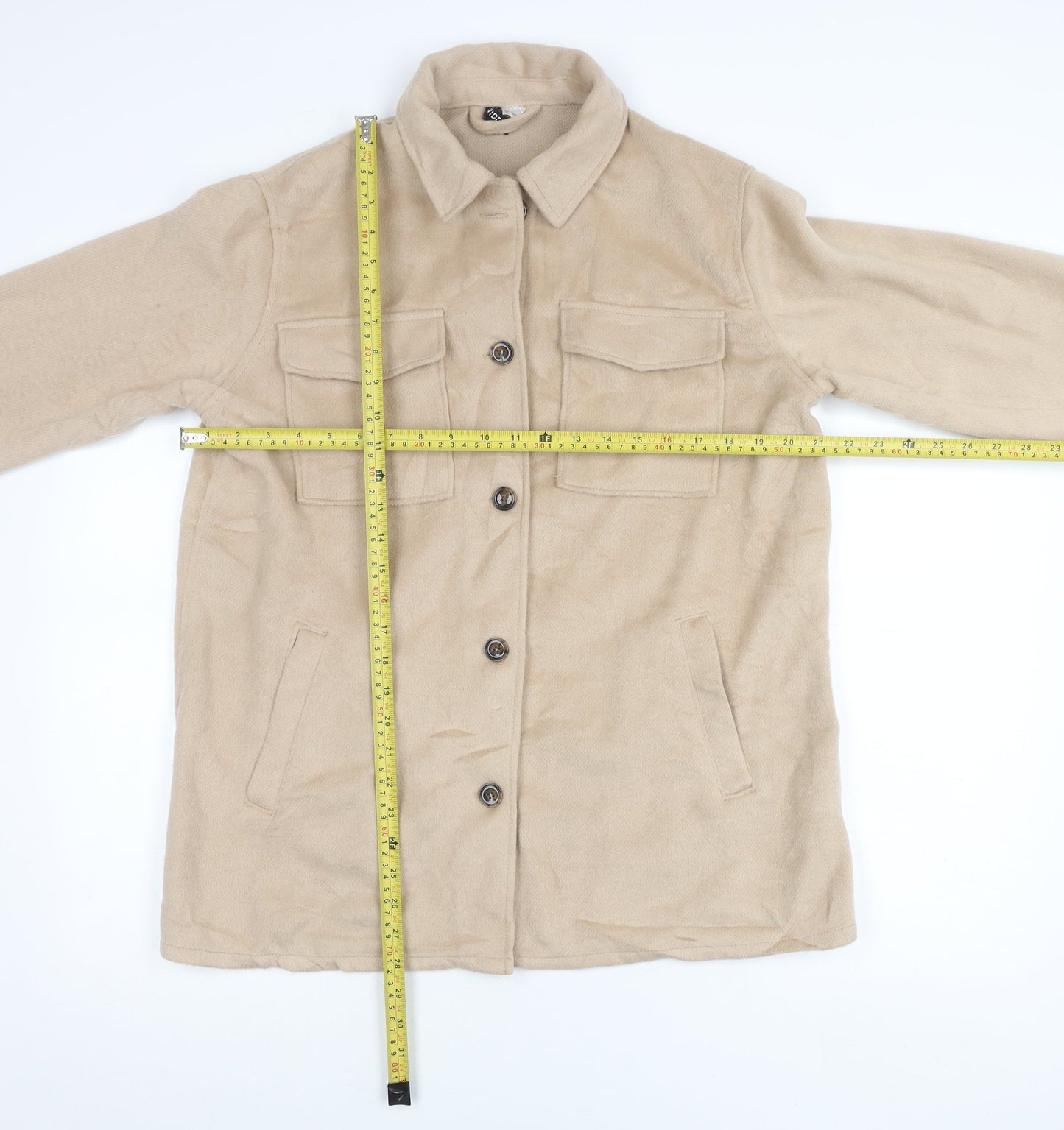 DIVIDED Women Beige Fleece Button Jacket Size S Casual Mid-Length